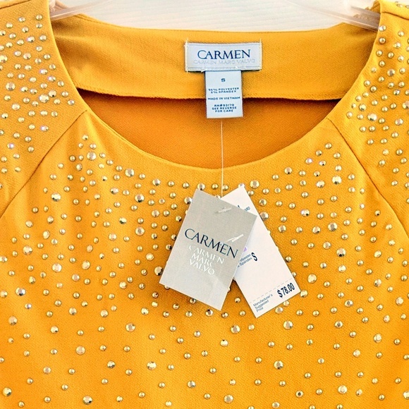 NWT Carmen Marc Valvo Mustard Yellow Studded Top - Picture 5 of 8